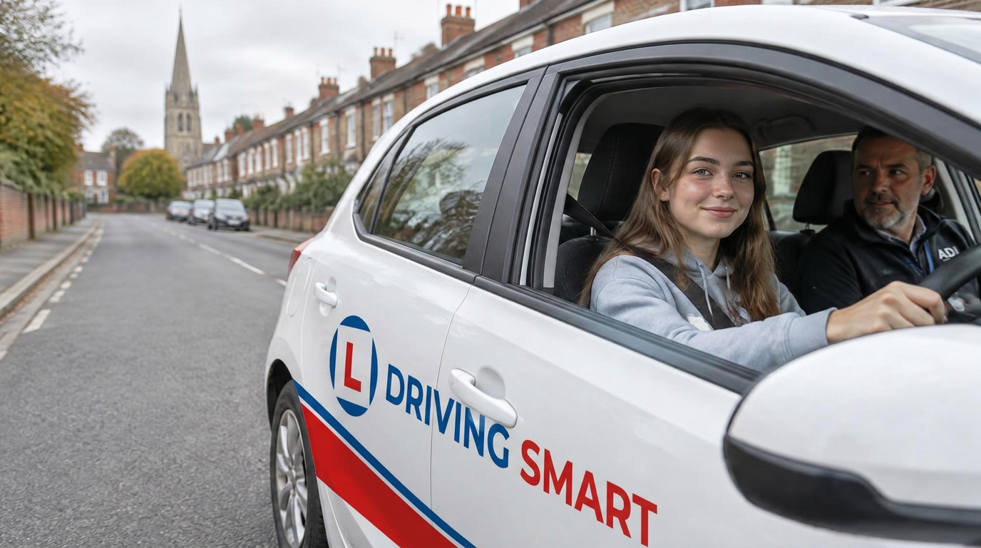 Learner driver in a car with an L plate on a Norwich street